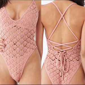Forever 21 dusty pink crochet swimsuit M